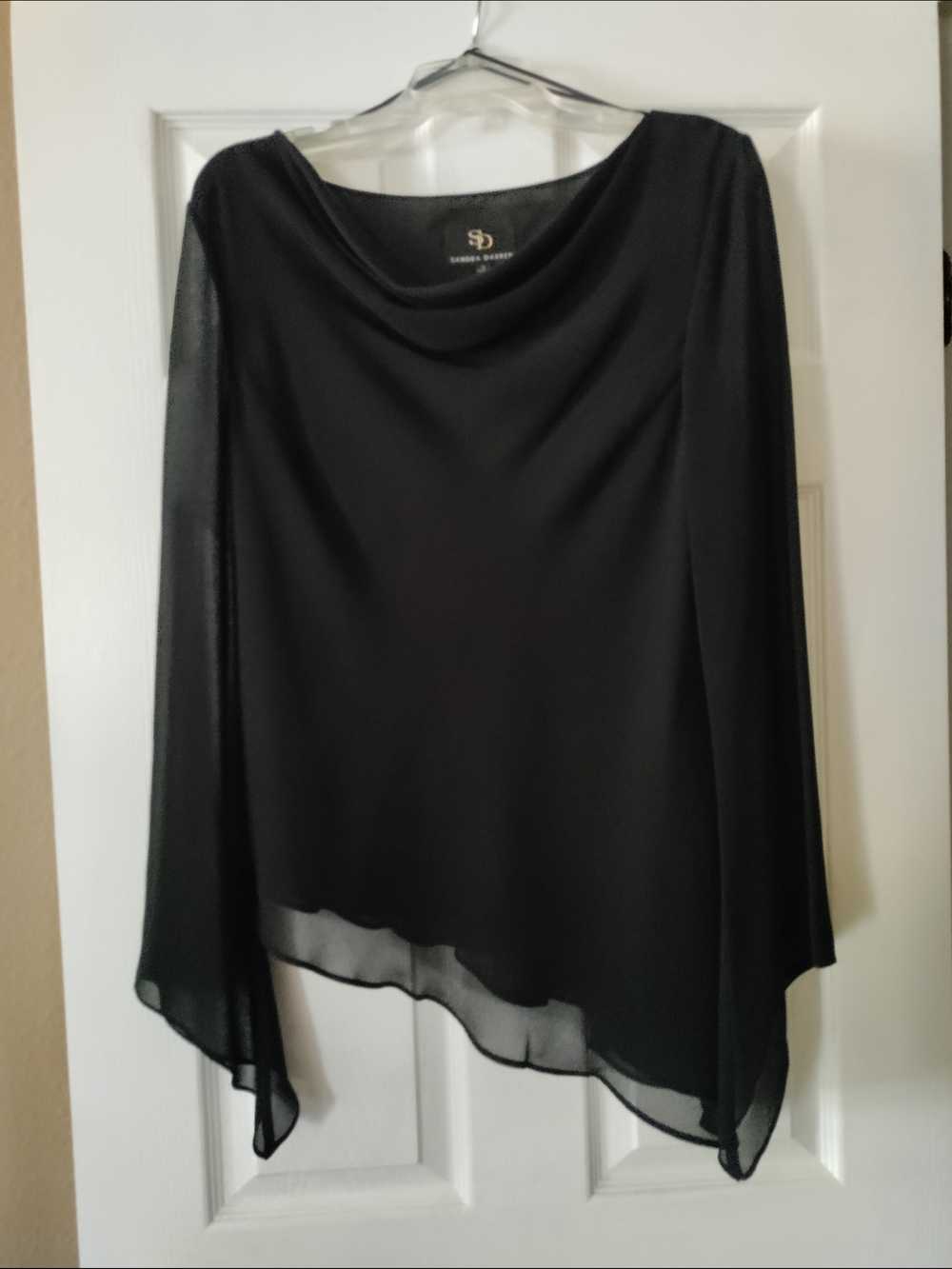 Sandra Darren Black Draped Cowl Neck Sheer Cape Top